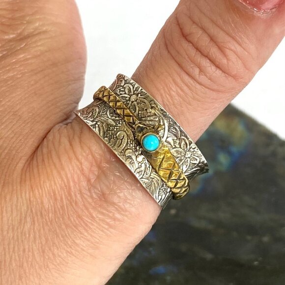 Sterling Silver 925 Embossed Brass Snake Turquoise Wide Spinner Band Ring 14.5 - Picture 16 of 16
